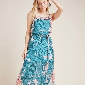Farm Rio Anthropologie blue green ruffle botanical sleeveless midi dress size M